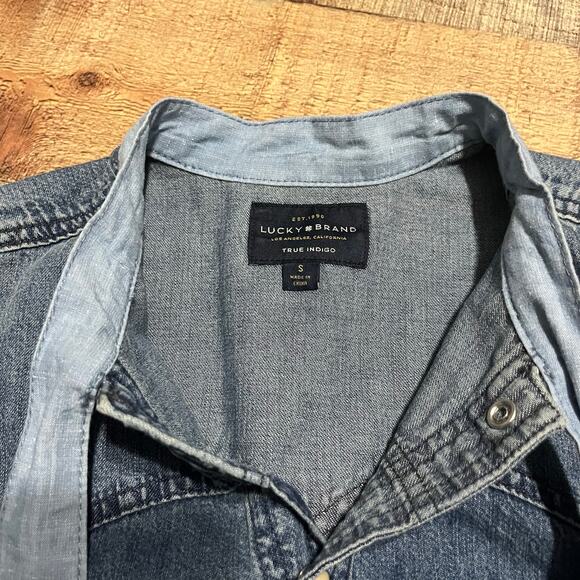 Lucky Brand Women's Medium Wash Denim Raw Hem Pearl Snap Button Shirt Dress Sz S - Picture 5 of 5